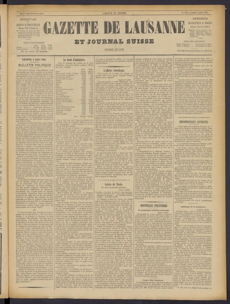 Miniatura de Gazette de Lausanne et Journal Suisse del 6 de julio de 1891, nº 157