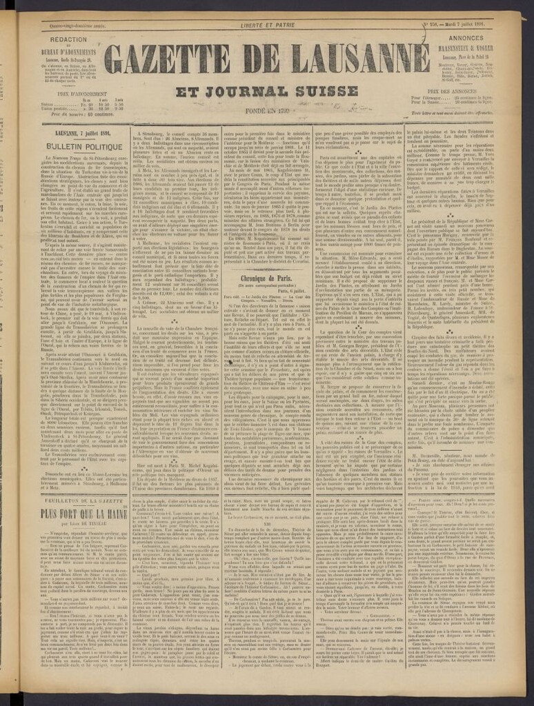 Miniatura de Gazette de Lausanne et Journal Suisse del 7 de julio de 1891, nº 158