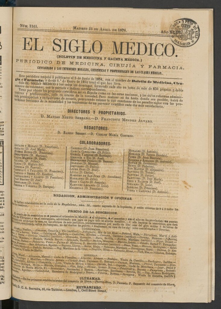 Miniatura de El Siglo Médico: boletín de medicina y gaceta médica del 23 de abril de 1876