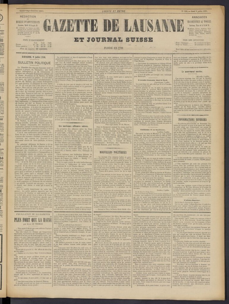 Miniatura de Gazette de Lausanne et Journal Suisse del 9 de julio de 1891, nº 160