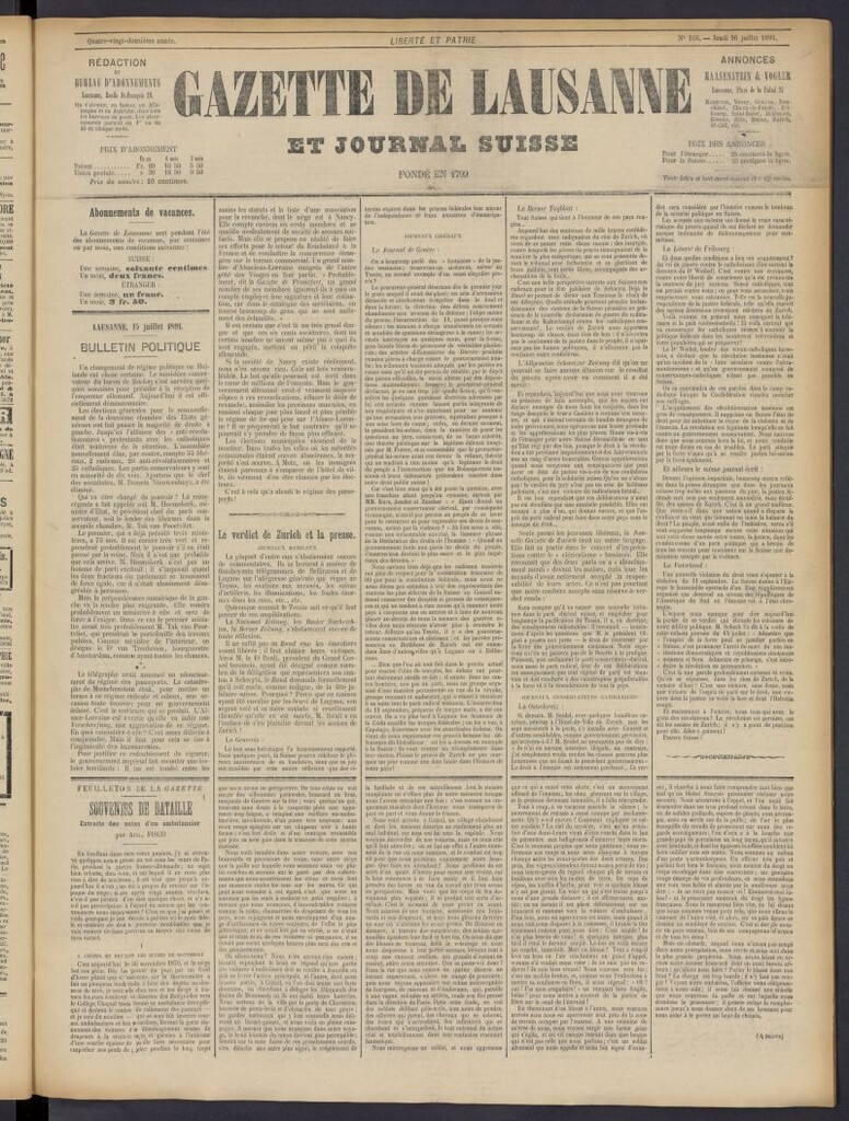 Miniatura de Gazette de Lausanne et Journal Suisse del 16 de julio de 1891, nº 166