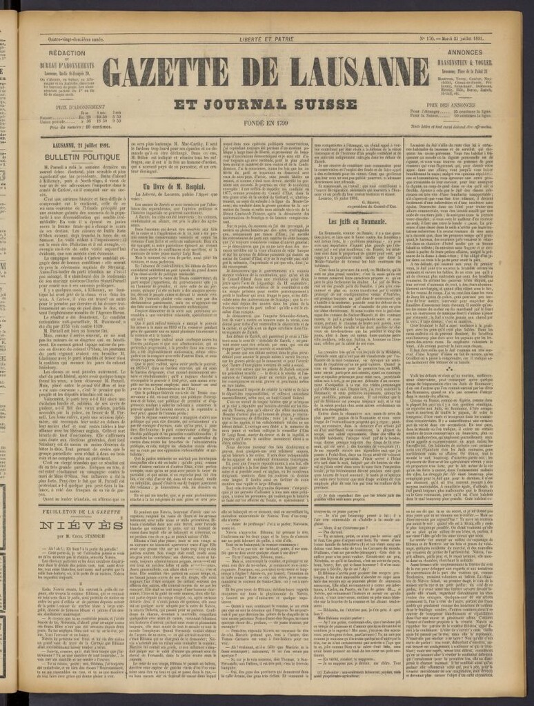 Miniatura de Gazette de Lausanne et Journal Suisse del 21 de julio de 1891, nº 170