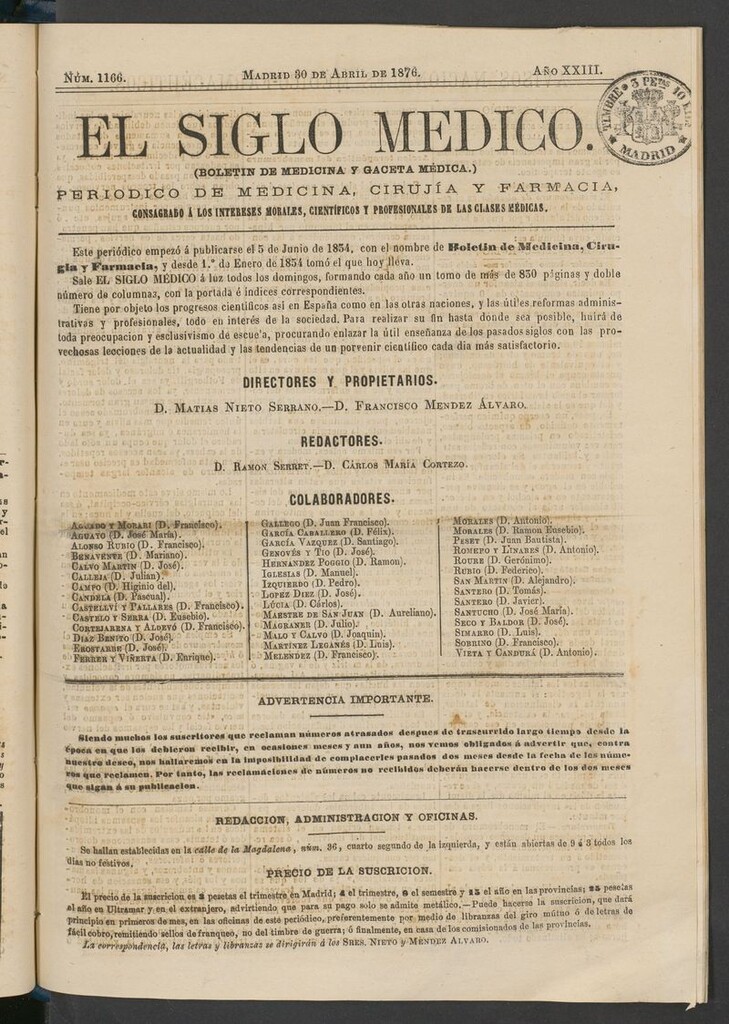 Miniatura de El Siglo Médico: boletín de medicina y gaceta médica del 30 de abril de 1876