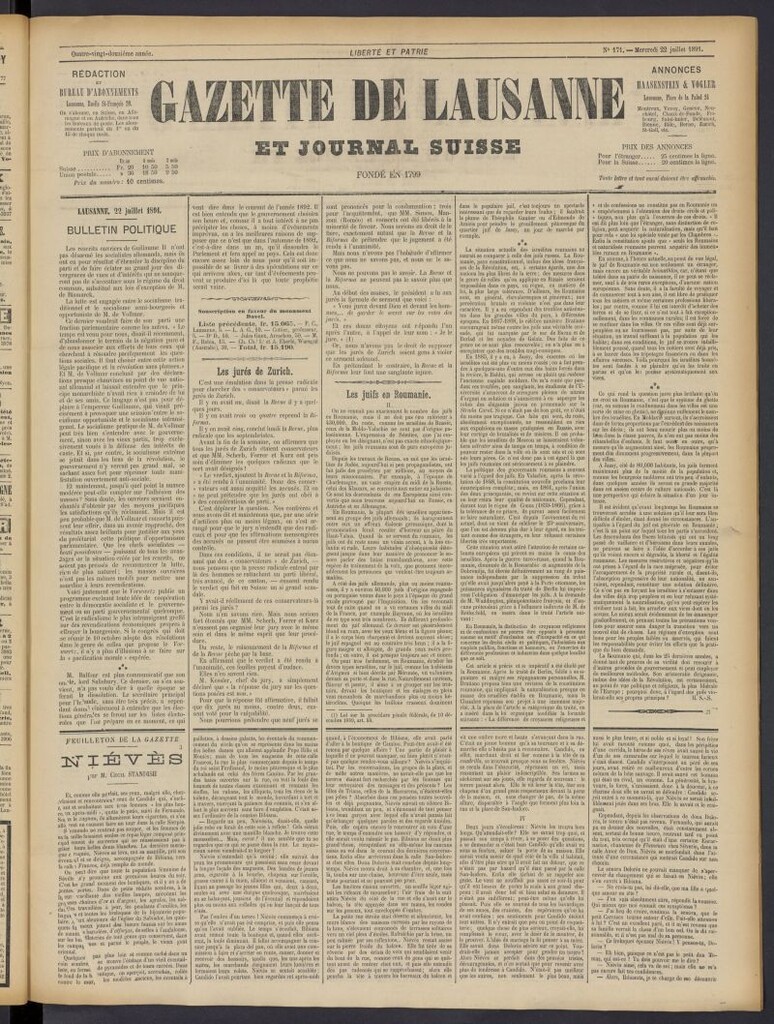 Miniatura de Gazette de Lausanne et Journal Suisse del 22 de julio de 1891, nº 171