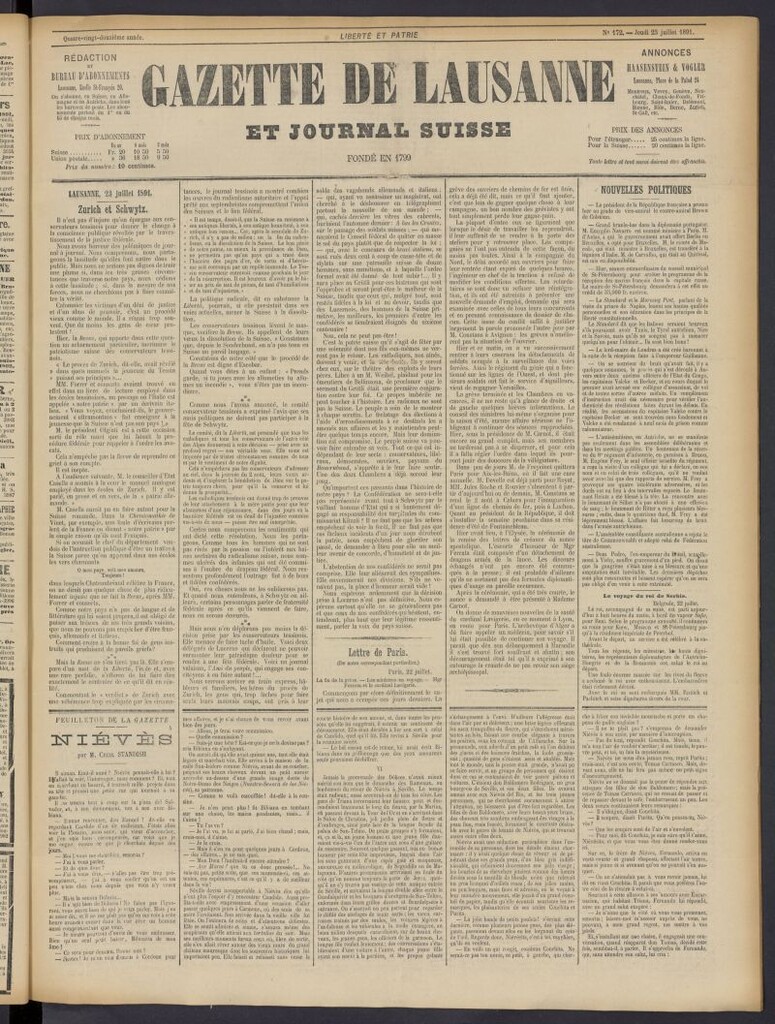 Miniatura de Gazette de Lausanne et Journal Suisse del 23 de julio de 1891, nº 172