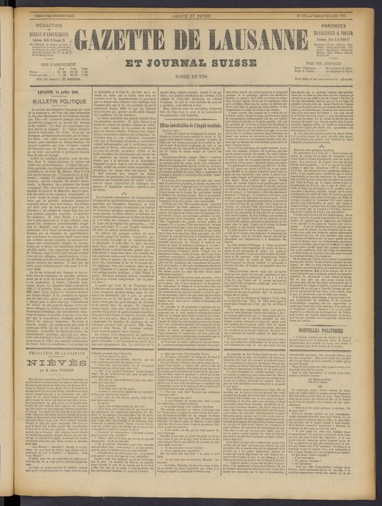 Miniatura de Gazette de Lausanne et Journal Suisse del 24 de julio de 1891, nº 173
