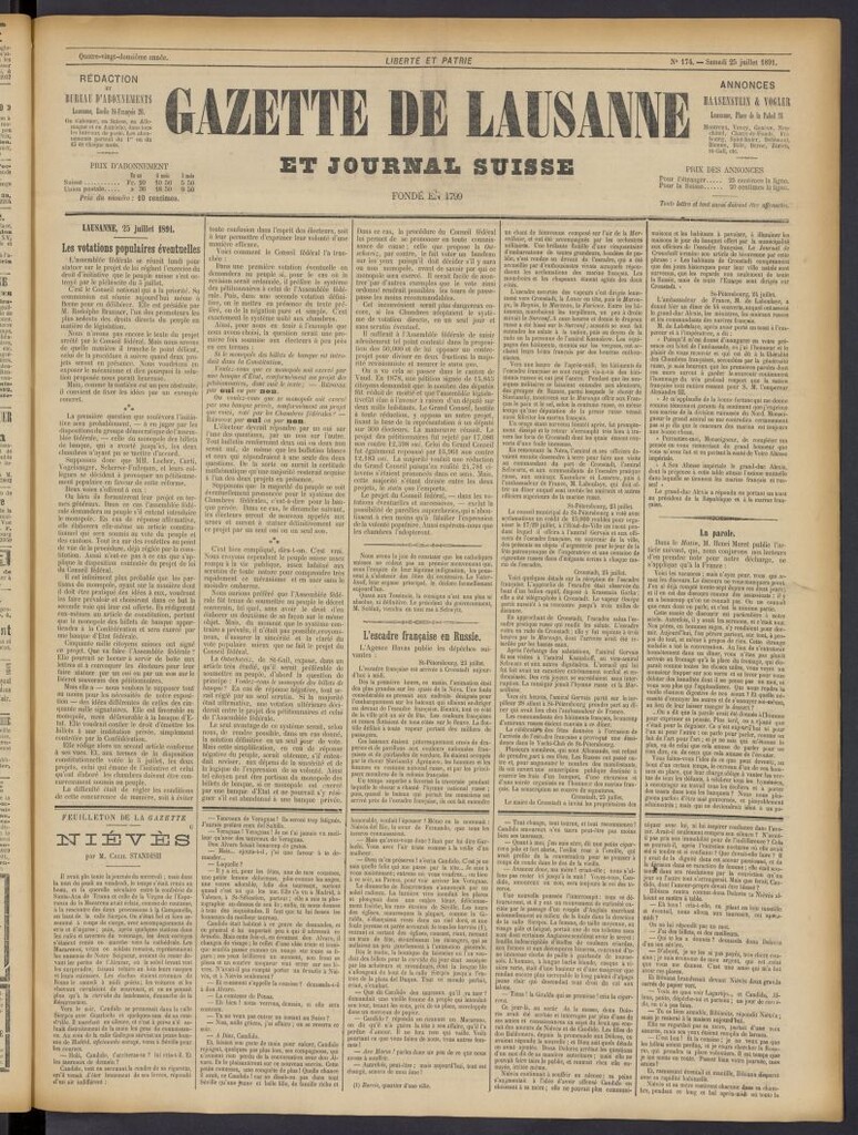 Miniatura de Gazette de Lausanne et Journal Suisse del 25 de julio de 1891, nº 174