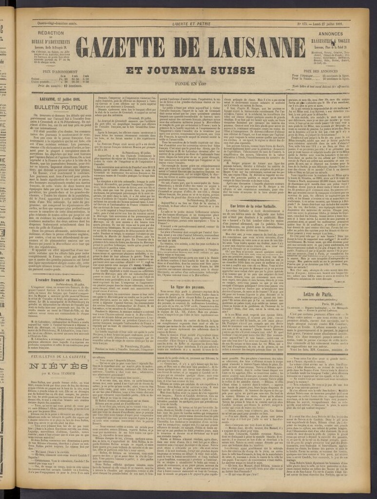 Miniatura de Gazette de Lausanne et Journal Suisse del 27 de julio de 1891, nº 175