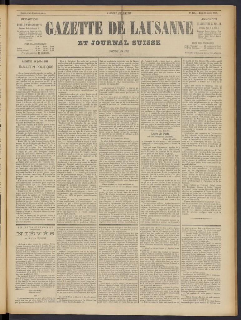 Miniatura de Gazette de Lausanne et Journal Suisse del 28 de julio de 1891, nº 176
