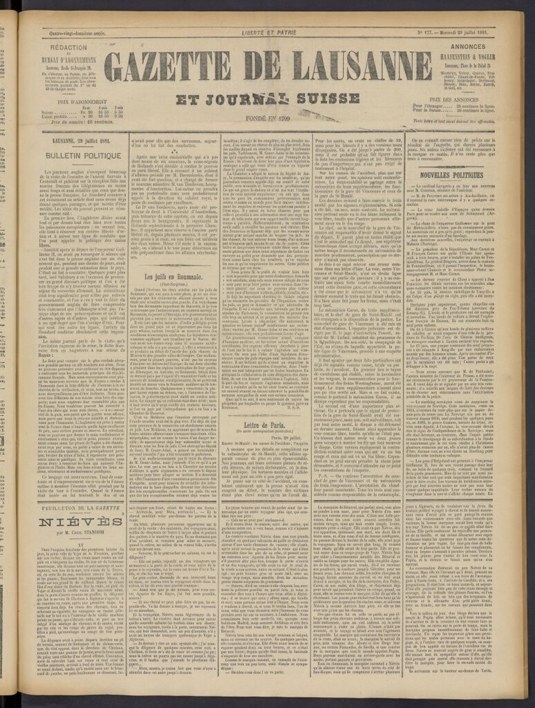 Miniatura de Gazette de Lausanne et Journal Suisse del 29 de julio de 1891, nº 177