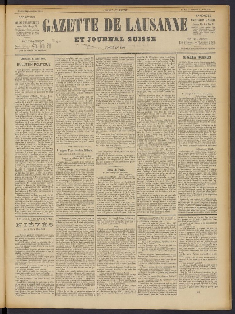 Miniatura de Gazette de Lausanne et Journal Suisse del 31 de julio de 1891, nº 179