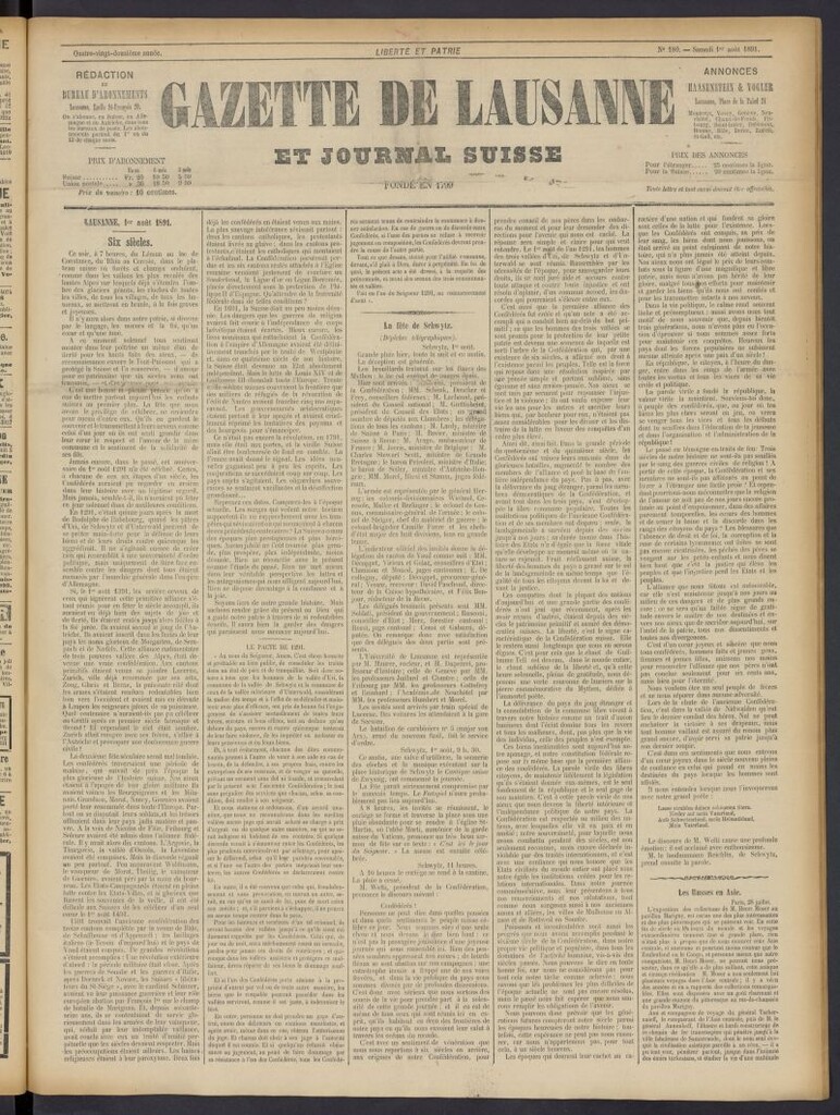 Miniatura de Gazette de Lausanne et Journal Suisse del 1 de agosto de 1891, nº 180