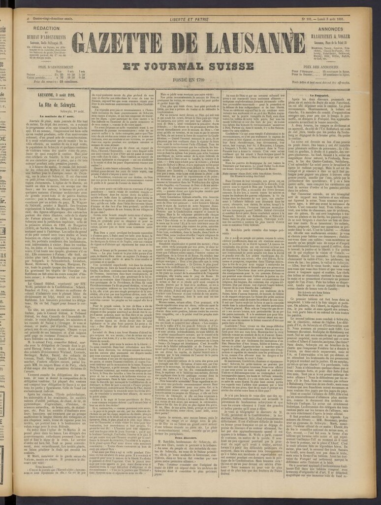 Miniatura de Gazette de Lausanne et Journal Suisse del 3 de agosto de 1891, nº 181