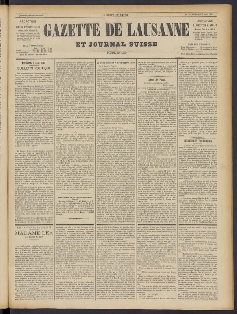 Miniatura de Gazette de Lausanne et Journal Suisse del 5 de agosto de 1891, nº 183