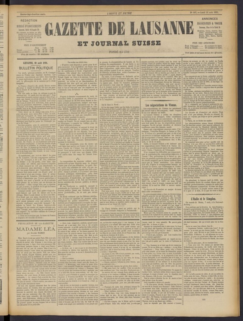 Miniatura de Gazette de Lausanne et Journal Suisse del 10 de agosto de 1891, nº 187