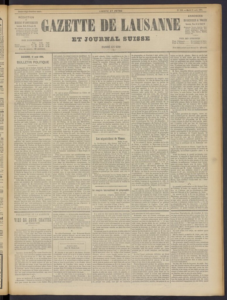 Miniatura de Gazette de Lausanne et Journal Suisse del 11 de agosto de 1891, nº 188