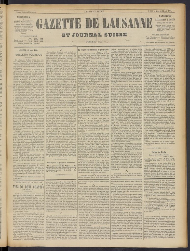 Miniatura de Gazette de Lausanne et Journal Suisse del 12 de agosto de 1891, nº 189