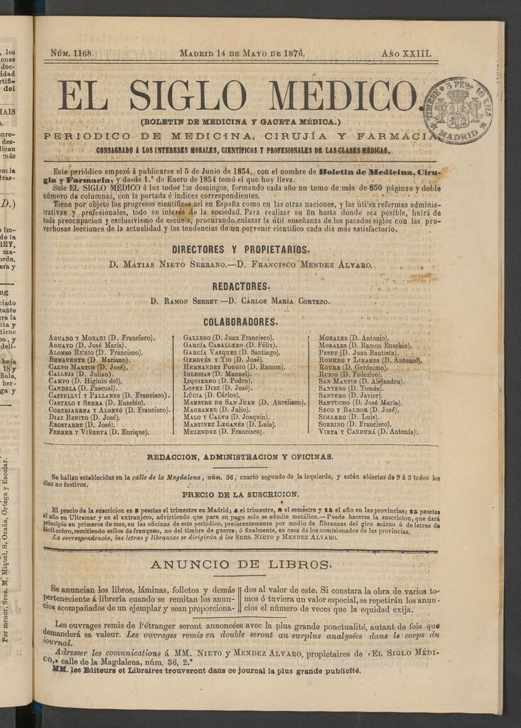 Miniatura de El Siglo Médico: boletín de medicina y gaceta médica del 14 de mayo de 1876