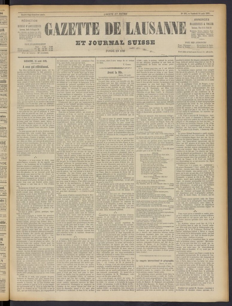 Miniatura de Gazette de Lausanne et Journal Suisse del 14 de agosto de 1891, nº 191