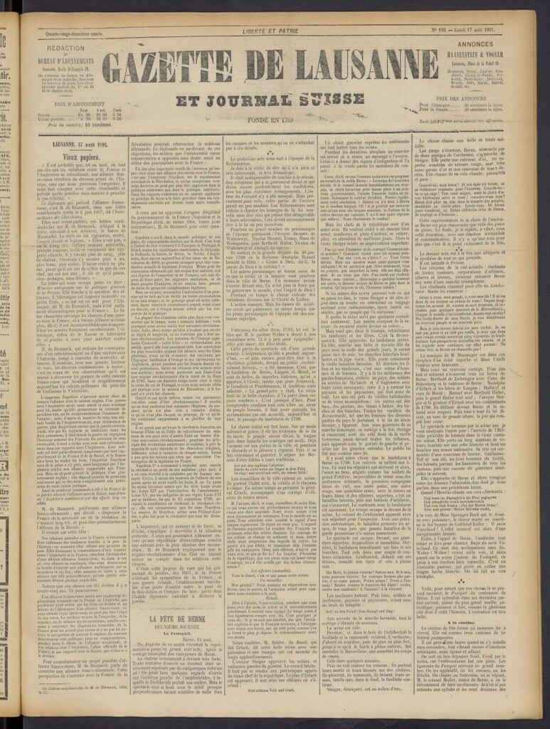 Miniatura de Gazette de Lausanne et Journal Suisse del 17 de agosto de 1891, nº 193