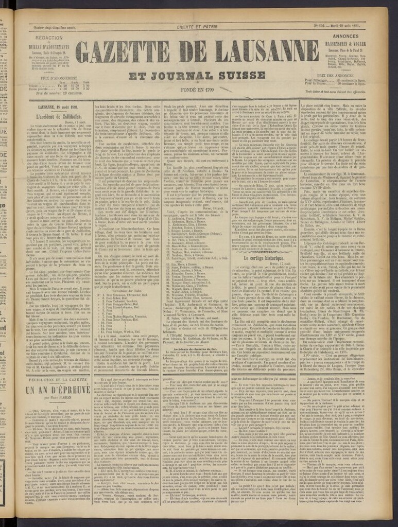 Miniatura de Gazette de Lausanne et Journal Suisse del 18 de agosto de 1891, nº 194