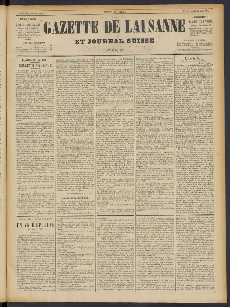 Miniatura de Gazette de Lausanne et Journal Suisse del 20 de agosto de 1891, nº 196