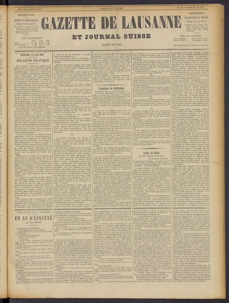 Miniatura de Gazette de Lausanne et Journal Suisse del 22 de agosto de 1891, nº 198