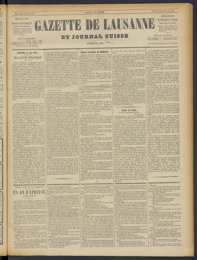 Miniatura de Gazette de Lausanne et Journal Suisse del 24 de agosto de 1891, nº 199