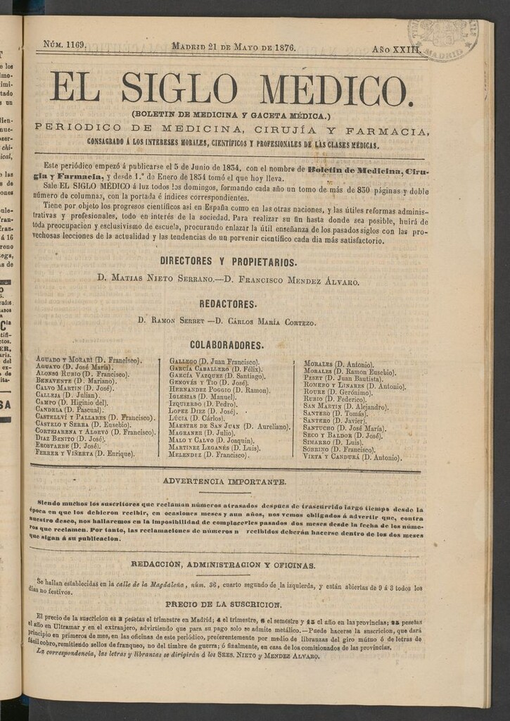 Miniatura de El Siglo Médico: boletín de medicina y gaceta médica del 21 de mayo de 1876