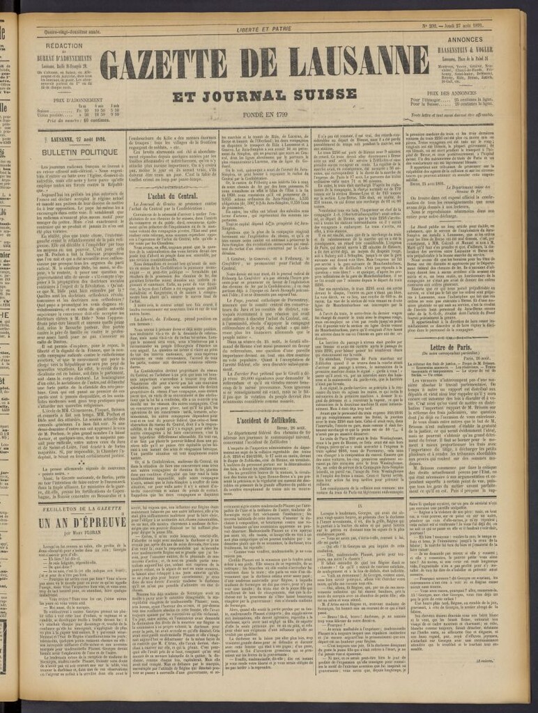 Miniatura de Gazette de Lausanne et Journal Suisse del 27 de agosto de 1891, nº 202