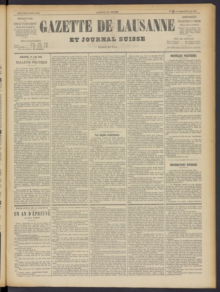 Miniatura de Gazette de Lausanne et Journal Suisse del 28 de agosto de 1891, nº 203