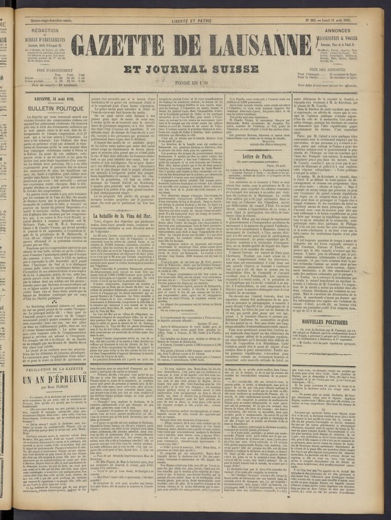 Miniatura de Gazette de Lausanne et Journal Suisse del 31 de agosto de 1891, nº 205