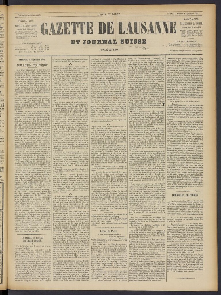 Miniatura de Gazette de Lausanne et Journal Suisse del 2 de septiembre de 1891, nº 207
