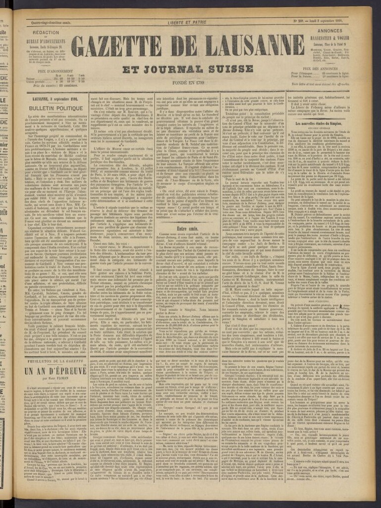 Miniatura de Gazette de Lausanne et Journal Suisse del 3 de septiembre de 1891, nº 208