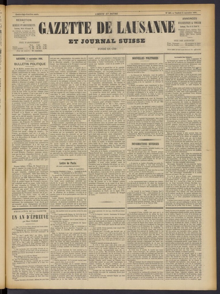 Miniatura de Gazette de Lausanne et Journal Suisse del 4 de septiembre de 1891, nº 209