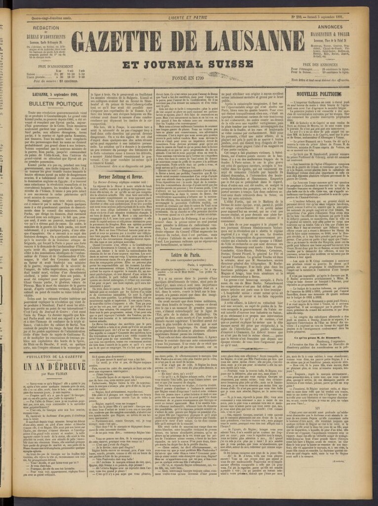 Miniatura de Gazette de Lausanne et Journal Suisse del 5 de septiembre de 1891, nº 210