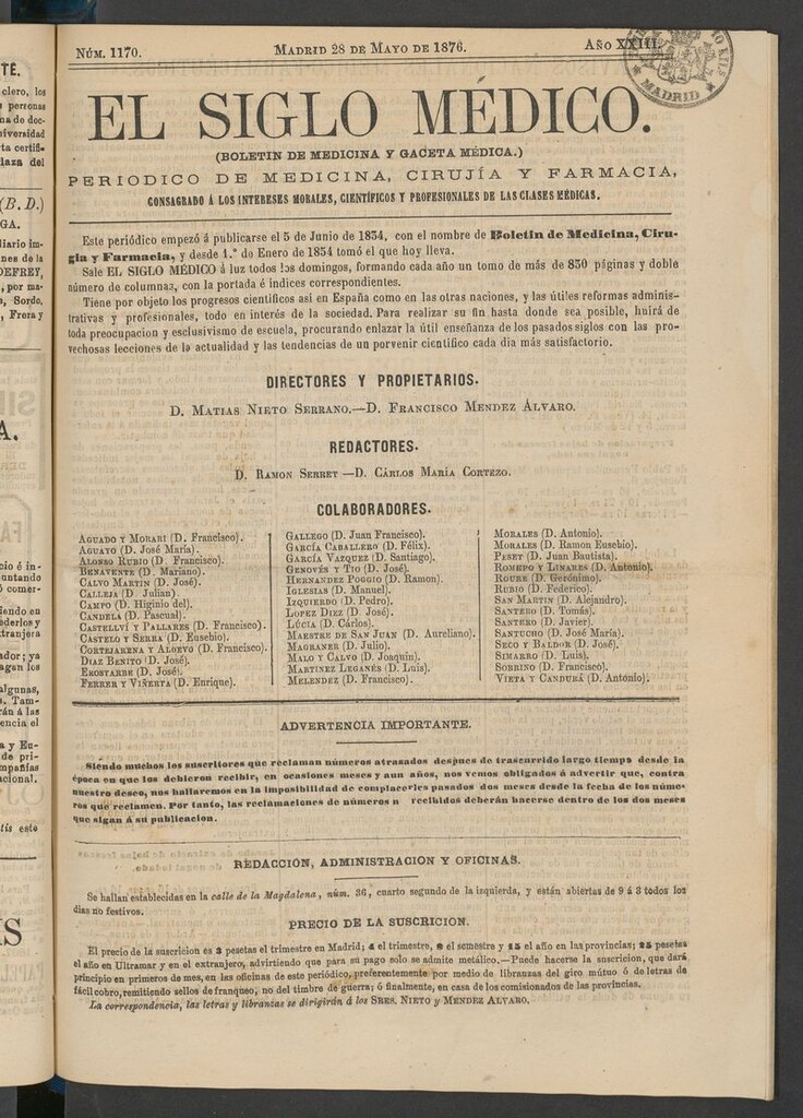 Miniatura de El Siglo Médico: boletín de medicina y gaceta médica del 28 de mayo de 1876