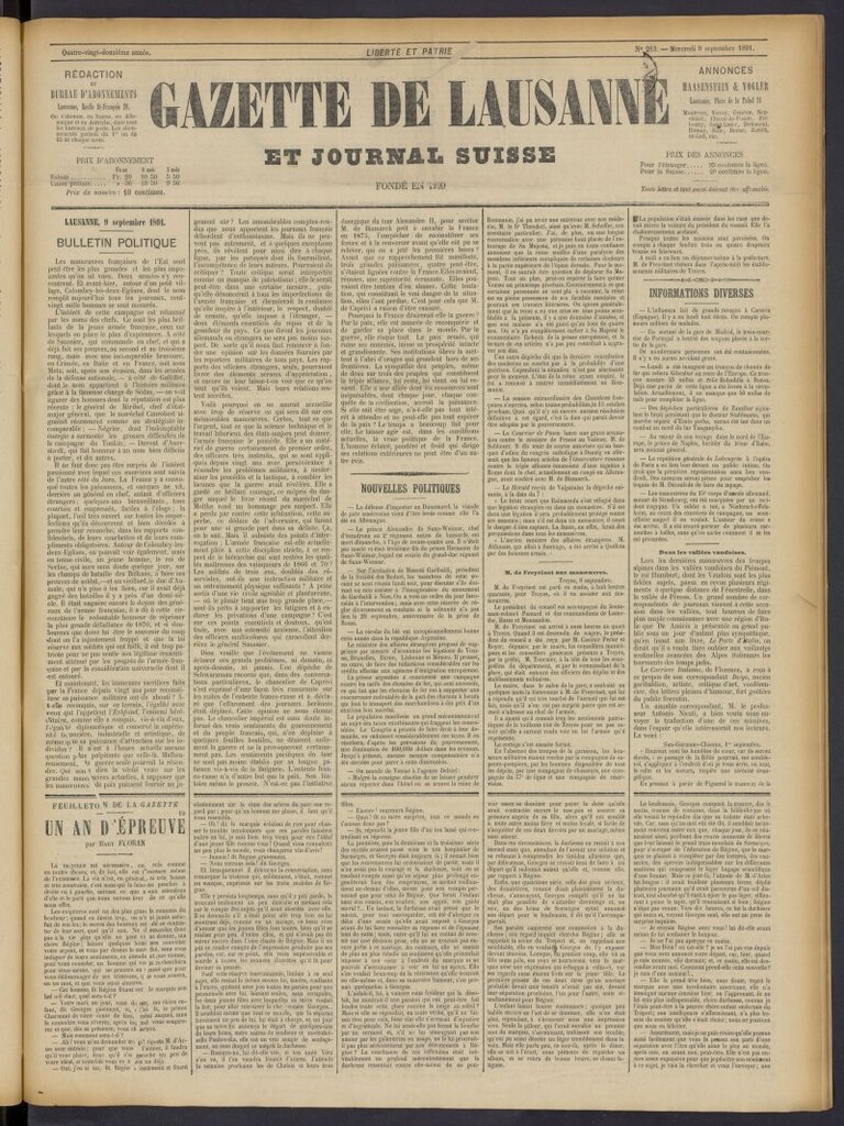 Miniatura de Gazette de Lausanne et Journal Suisse del 9 de septiembre de 1891, nº 213
