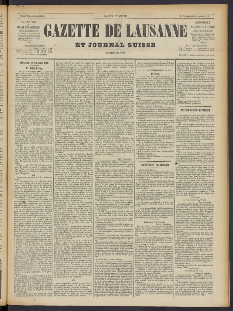 Miniatura de Gazette de Lausanne et Journal Suisse del 10 de septiembre de 1891, nº 214