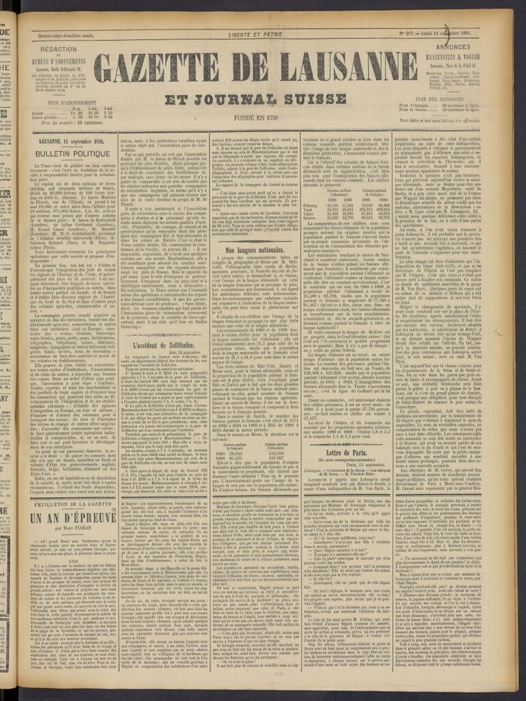 Miniatura de Gazette de Lausanne et Journal Suisse del 14 de septiembre de 1891, nº 217