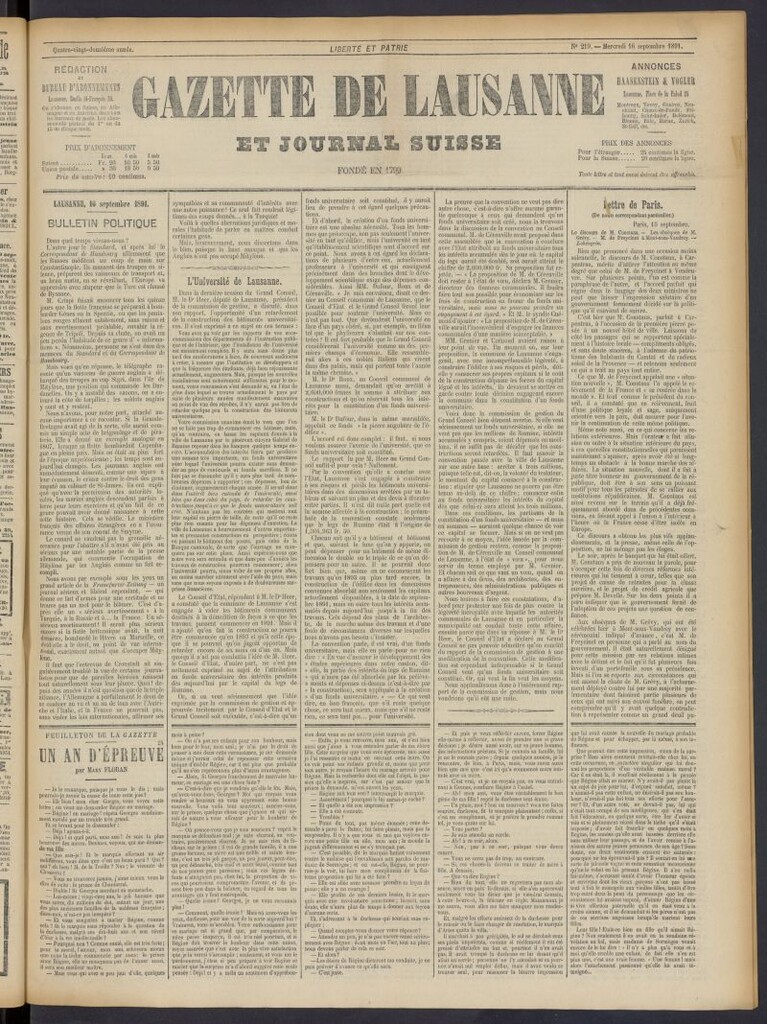 Miniatura de Gazette de Lausanne et Journal Suisse del 16 de septiembre de 1891, nº 219