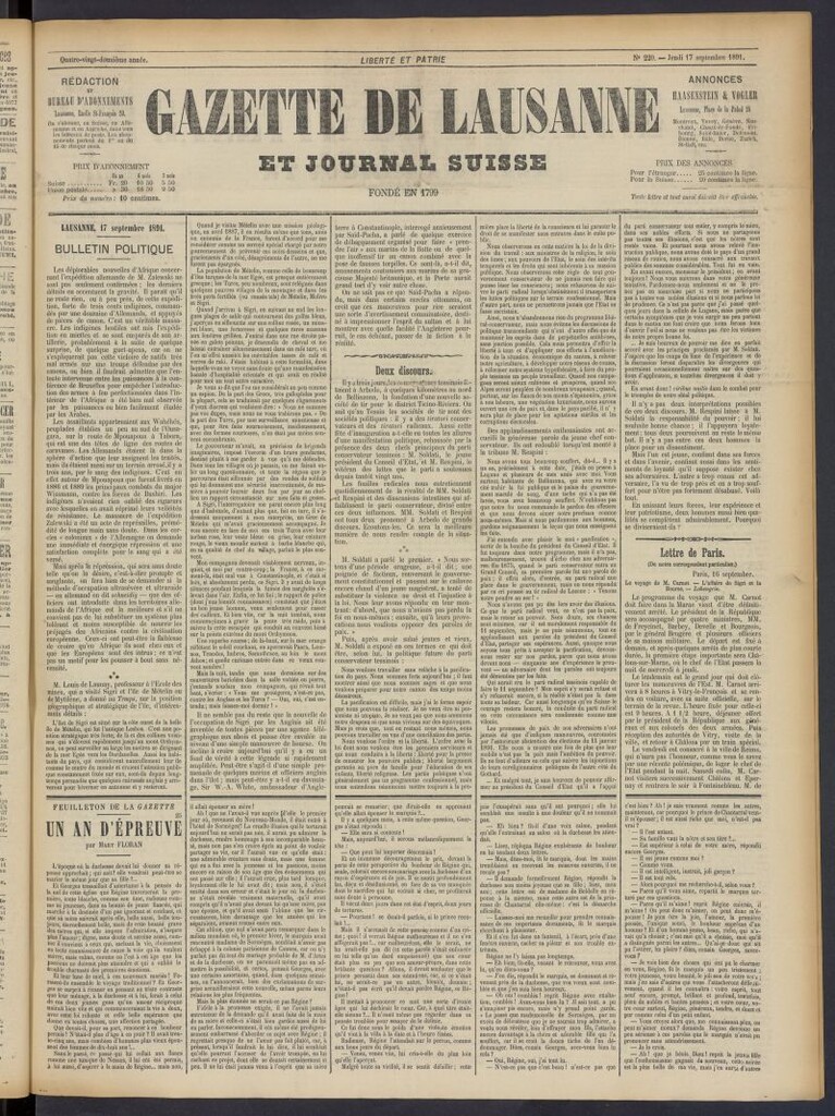 Miniatura de Gazette de Lausanne et Journal Suisse del 17 de septiembre de 1891, nº 220
