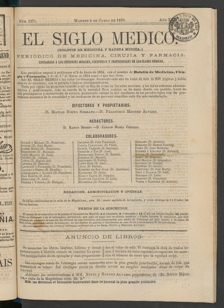 Miniatura de El Siglo Médico: boletín de medicina y gaceta médica del 4 de junio de 1876