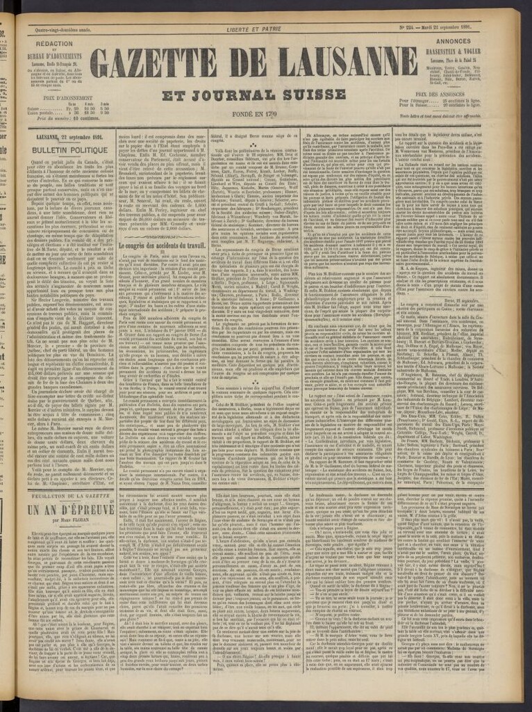 Miniatura de Gazette de Lausanne et Journal Suisse del 22 de septiembre de 1891, nº 224