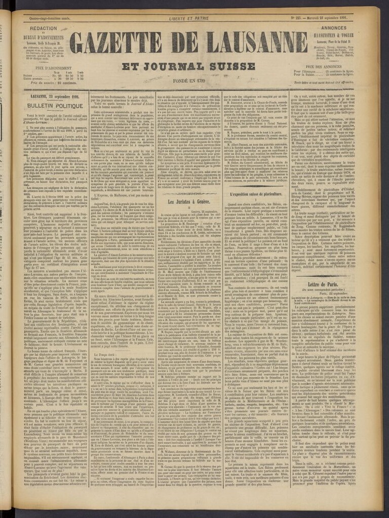 Miniatura de Gazette de Lausanne et Journal Suisse del 23 de septiembre de 1891, nº 225