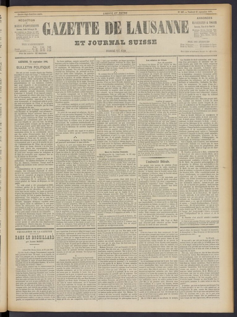 Miniatura de Gazette de Lausanne et Journal Suisse del 25 de septiembre de 1891, nº 227