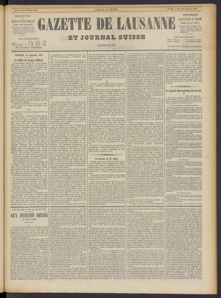 Miniatura de Gazette de Lausanne et Journal Suisse del 28 de septiembre de 1891, nº 229