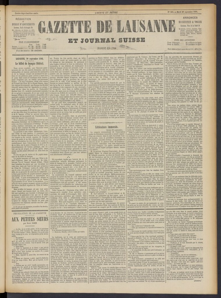 Miniatura de Gazette de Lausanne et Journal Suisse del 29 de septiembre de 1891, nº 230