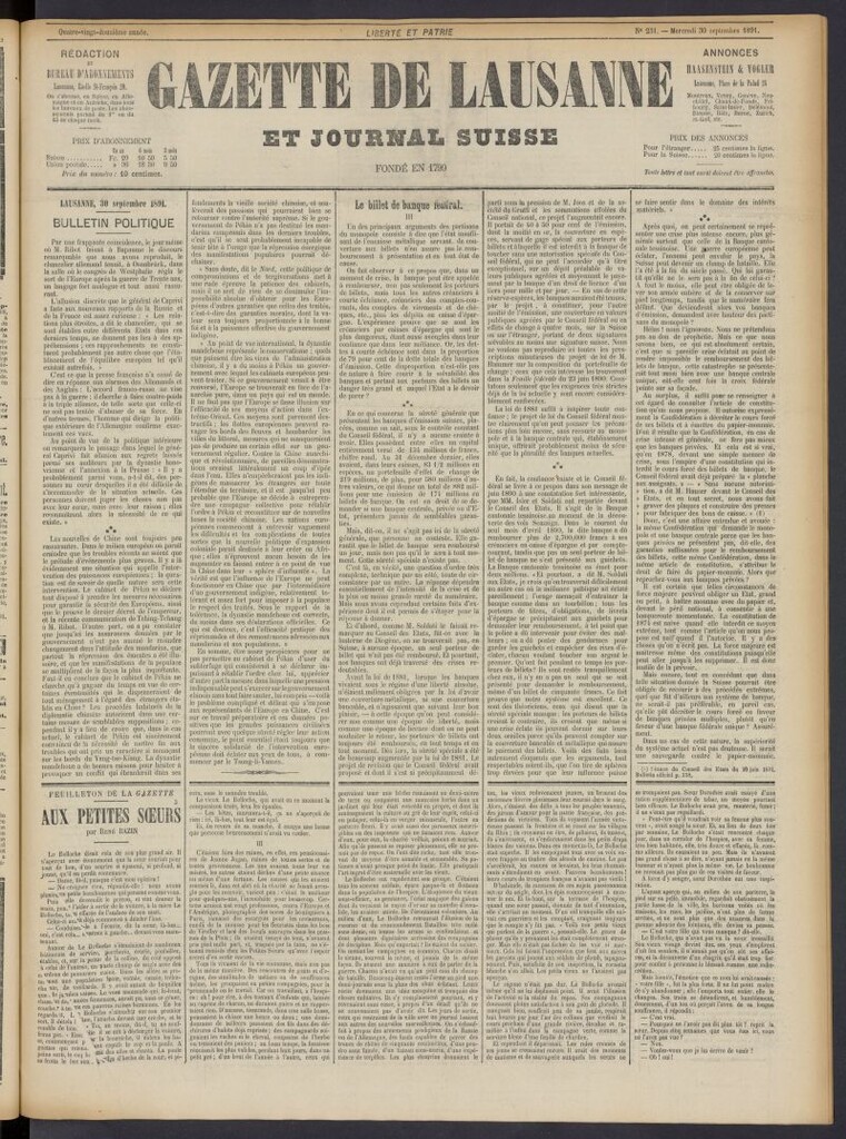 Miniatura de Gazette de Lausanne et Journal Suisse del 30 de septiembre de 1891, nº 231