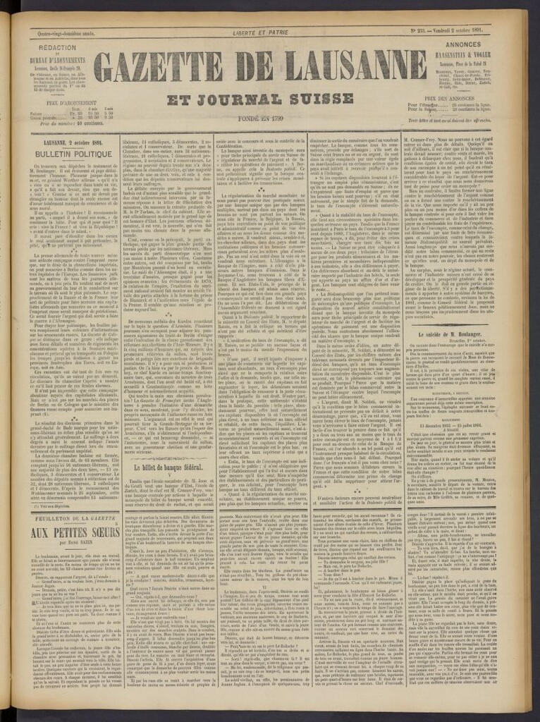 Miniatura de Gazette de Lausanne et Journal Suisse del 2 de octubre de 1891, nº 233